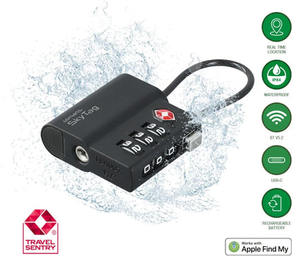 Location Finder Skytag TSA Lock for Apple Find My - Bluetooth Luggage Tracker with USB-C Rechargeable Battery, TSA Certified, IPX4 Waterproof, Heavy-Duty Zinc Alloy & Steel Cable - Black