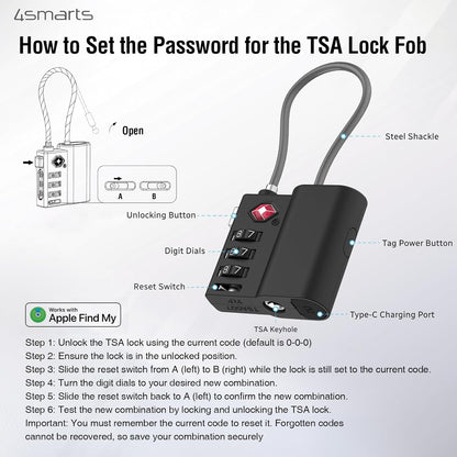 Location Finder Skytag TSA Lock for Apple Find My - Bluetooth Luggage Tracker with USB-C Rechargeable Battery, TSA Certified, IPX4 Waterproof, Heavy-Duty Zinc Alloy & Steel Cable - Black