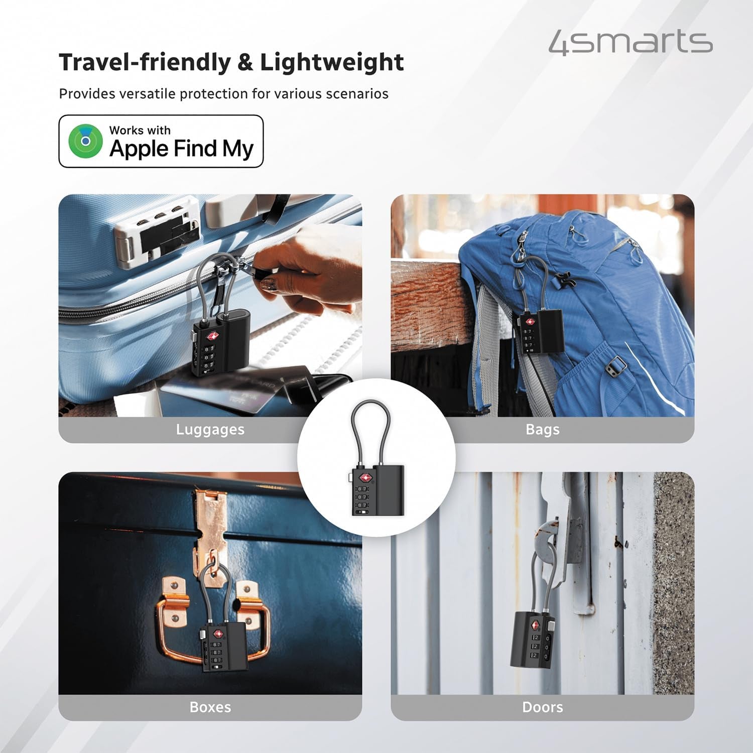 Location Finder Skytag TSA Lock for Apple Find My - Bluetooth Luggage Tracker with USB-C Rechargeable Battery, TSA Certified, IPX4 Waterproof, Heavy-Duty Zinc Alloy & Steel Cable - Black